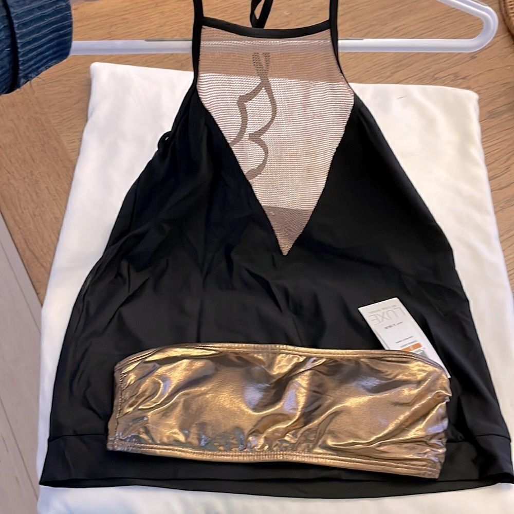 LISA VOGEL LUXE TWO PIECE HIGH NECK TANKINI.  BLACK WITH COPPER/BRONZE. …